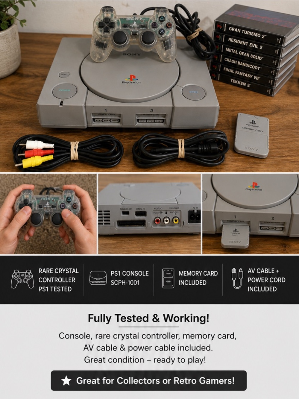 Sony PlayStation 1 With RARE Crystal Controller PS1 Tested